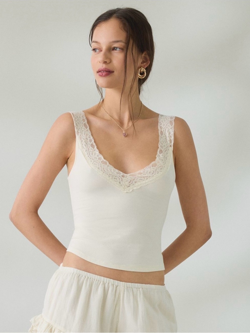 NWT UO Out From Under Oh Baby V-Neck Lace Trim Tank Top 108472119 Ivory size M